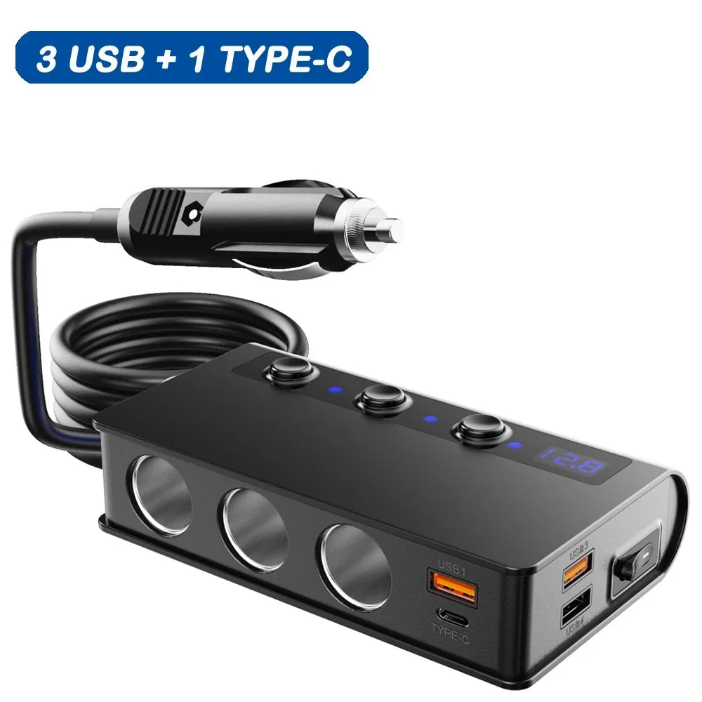 4-Port Car Fast Charger Adapter - Cigarette Lighter Sockets & USB Ports 4