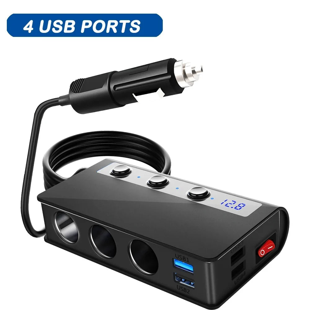 4-Port Car Fast Charger Adapter - Cigarette Lighter Sockets & USB Ports 5