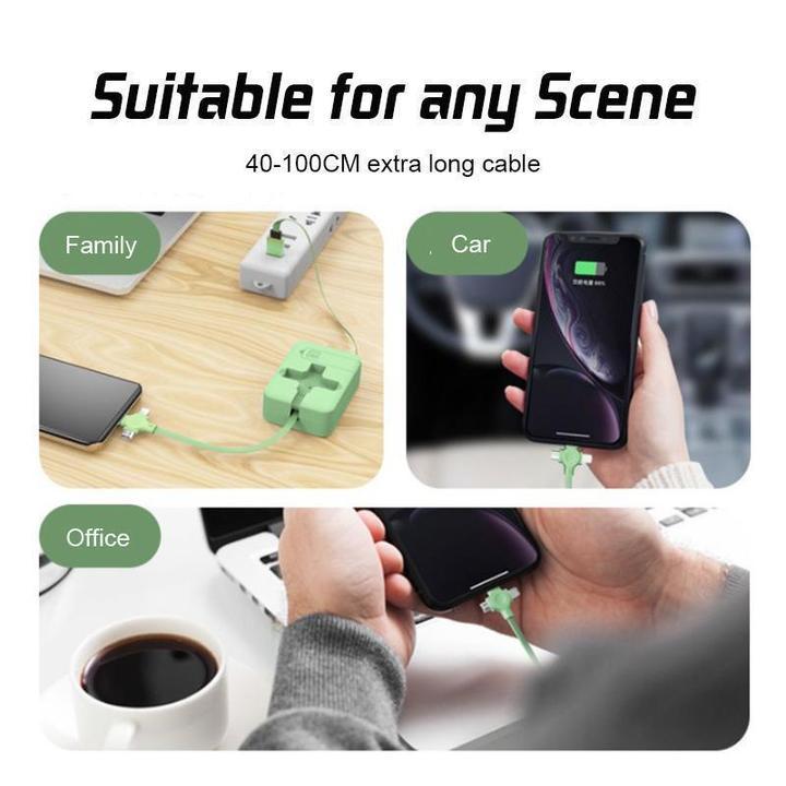 4-in-1 Charging Cable Phone Stand | Lightning, Micro-USB & USB-C Ports | Retractable 1m Cable Doubles as Phone Holder