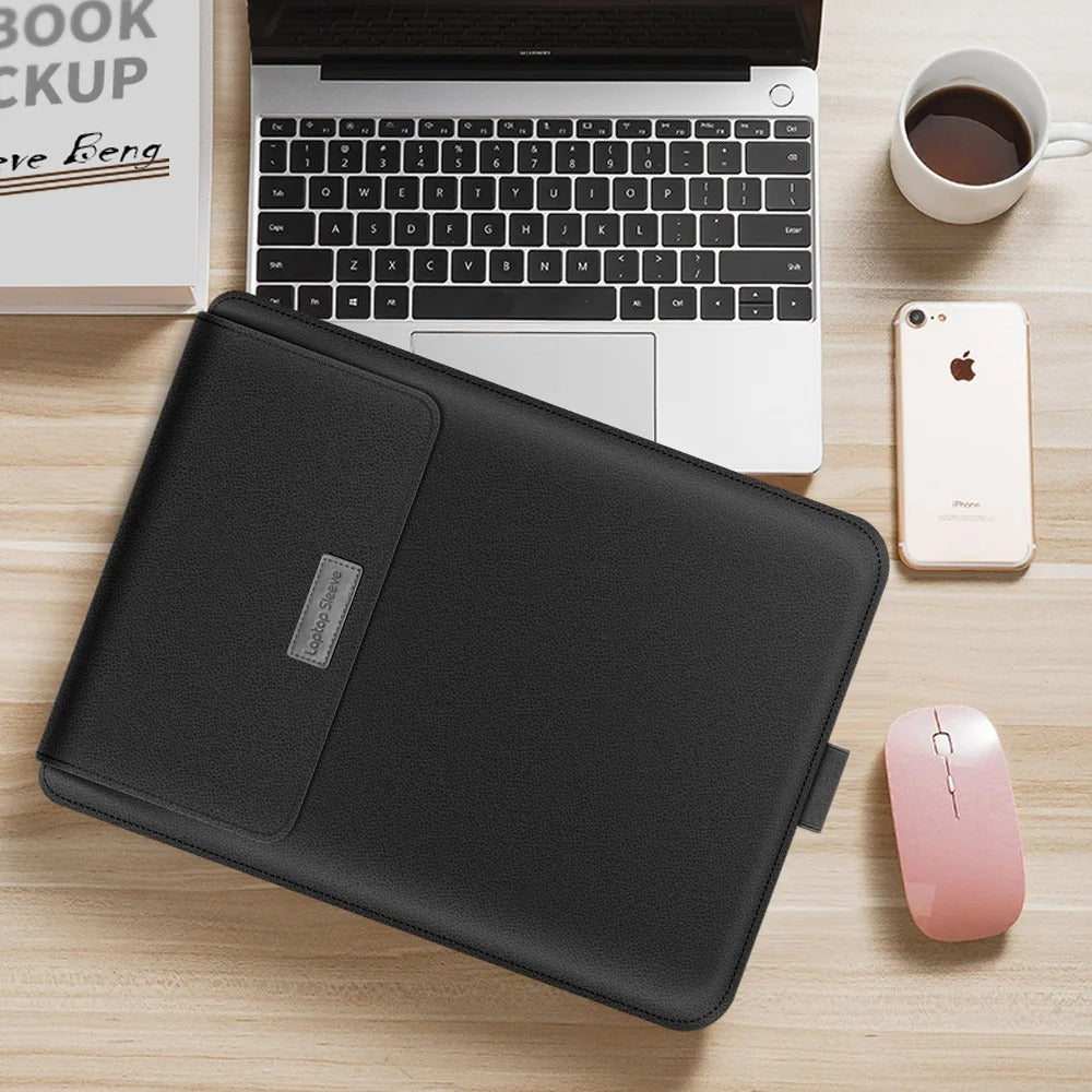4-in-1 Laptop Sleeve PU Leather | Built-In Stand, Mouse Pad & Storage Bag | Waterproof, Scratch-Resistant Protective Case
