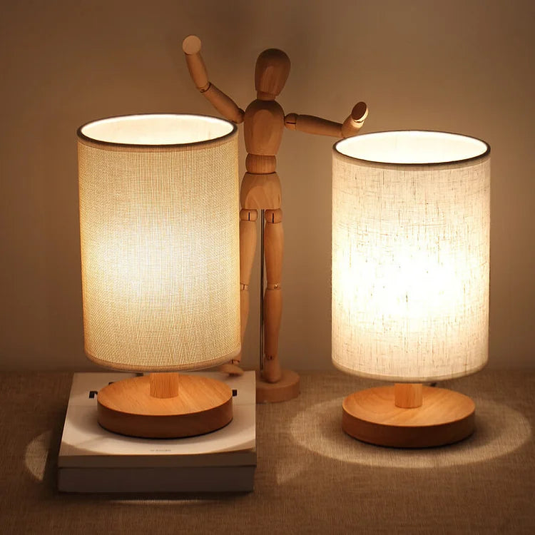 Dimmable Table Lamp with Remote Control, Wood and Cloth | 14 x 28 cm, Plain White or Textured Grey | 3 Light Colours, USB Powered 1