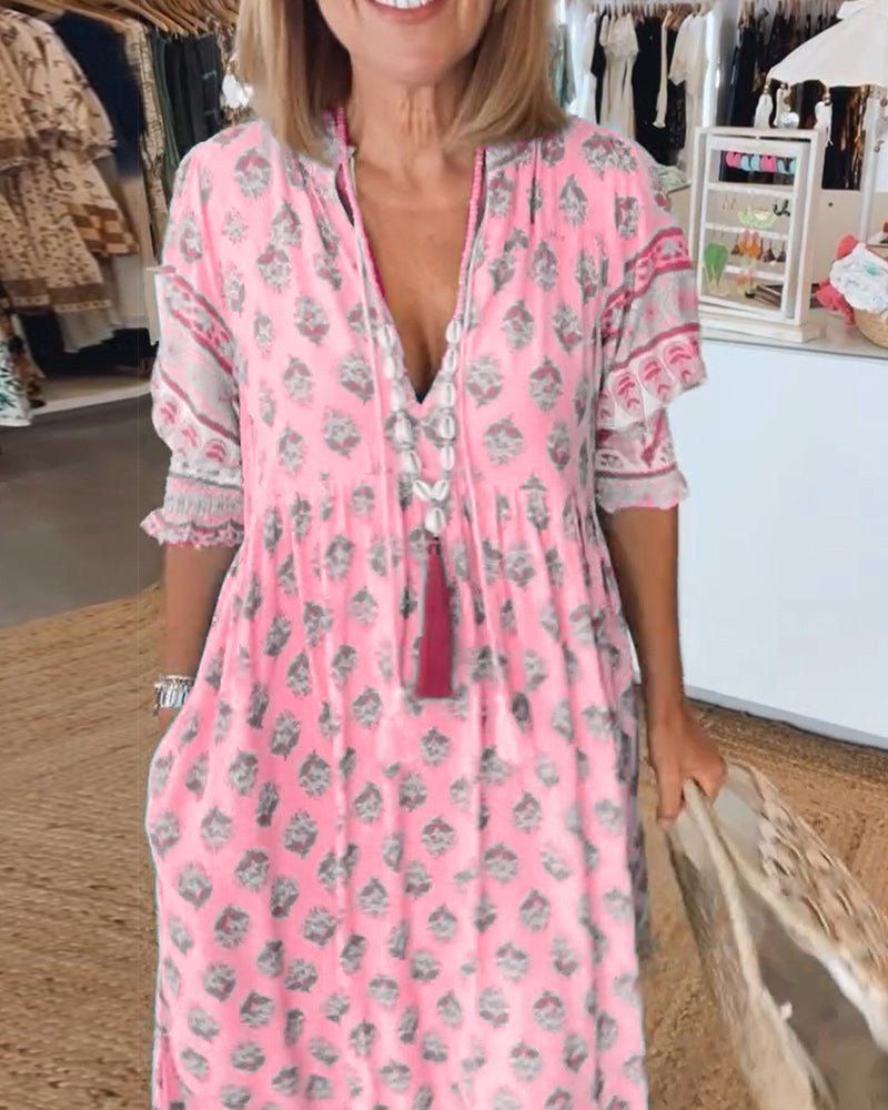 Floral V-Neck Women's Dress | Casual Midi Length in Cotton Blend - Summer Style for Plus Sizes S-3XL 10