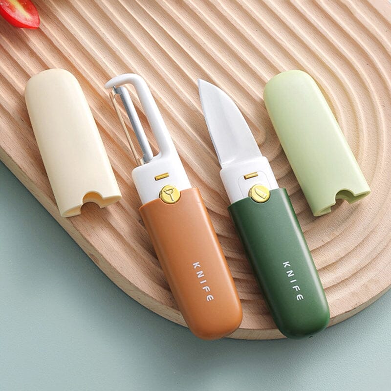 2-in-1 Peeler Cutter Stainless Steel Blade with Protective Sheath | Compact Kitchen Tool | Green, Orange, Grey 4