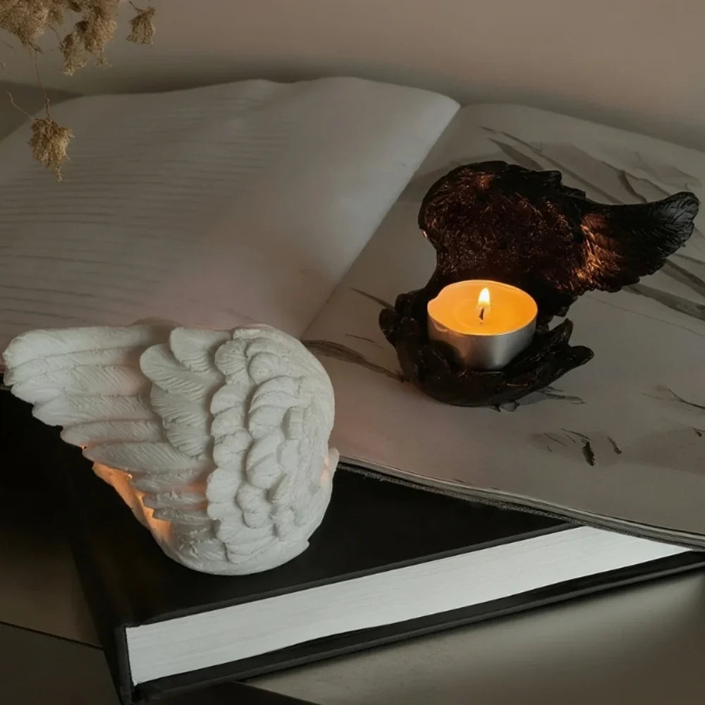 Angel Wing Candle Holder, Resin, 10 x 8 x 6 cm | White or Black | Sculpted Feathers Cast Soft Flickering Light 2