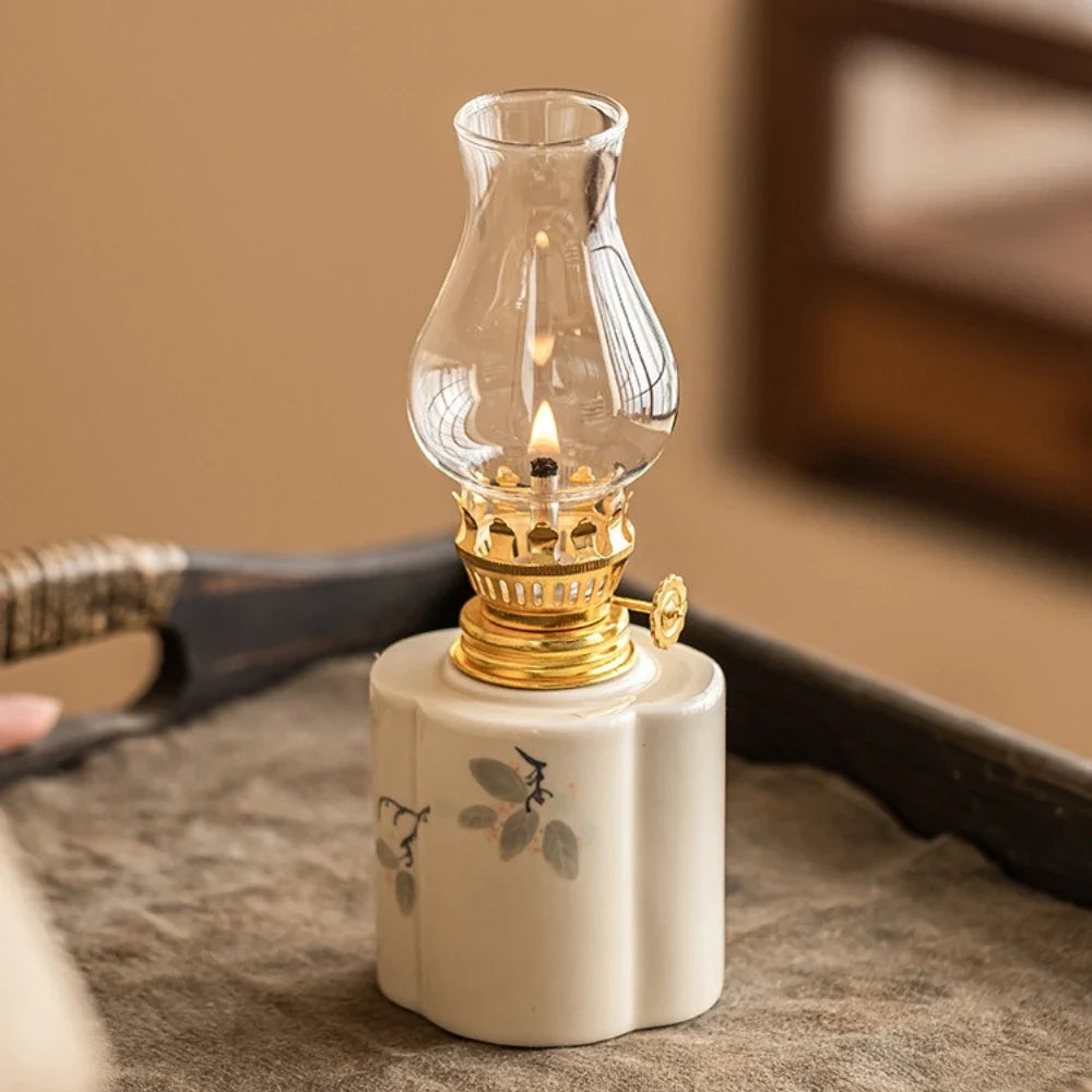 Ceramic Oil Lantern with Glass Shade, 18 cm | Adjustable Wick Flame, Bud or Classic Shape | Windproof Ambient Lighting 5