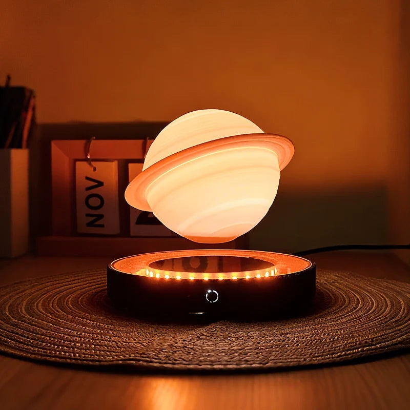 Levitating Planet Lamp, ABS/PLA Globe | Moon or Saturn, Oak/Walnut Base | Magnetic 360° Rotation, 3 Light Colours 7