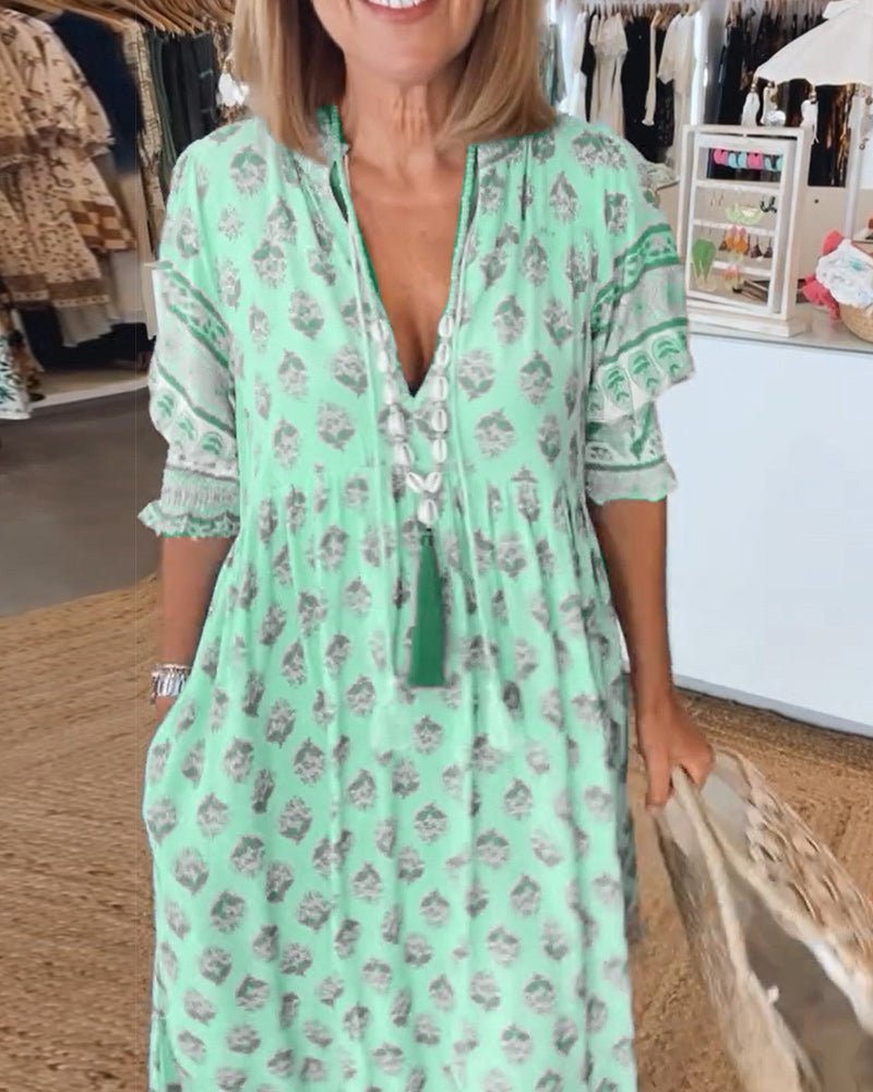 Floral V-Neck Women's Dress | Casual Midi Length in Cotton Blend - Summer Style for Plus Sizes S-3XL 7