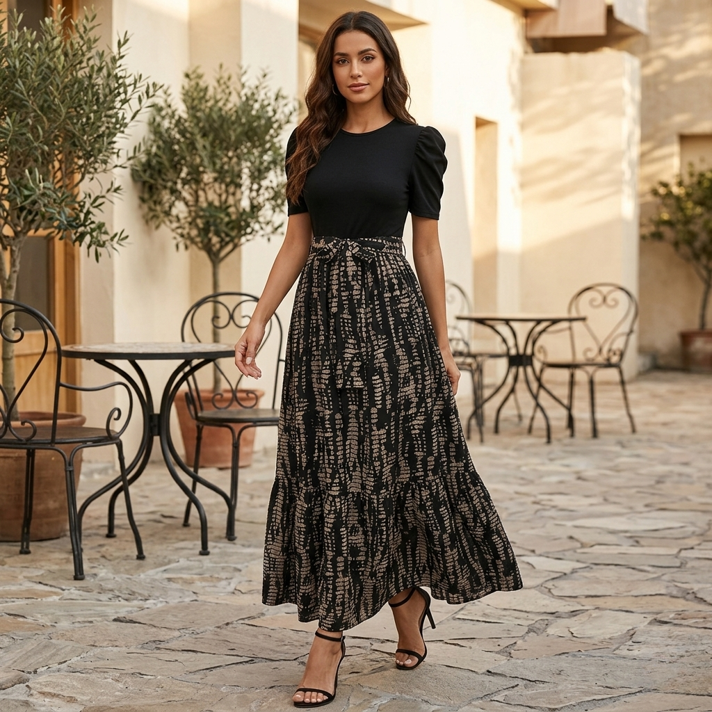 Hannah | Women's Floral Maxi Dress with High Waist & Ruffled Hem - Lightweight Polyester