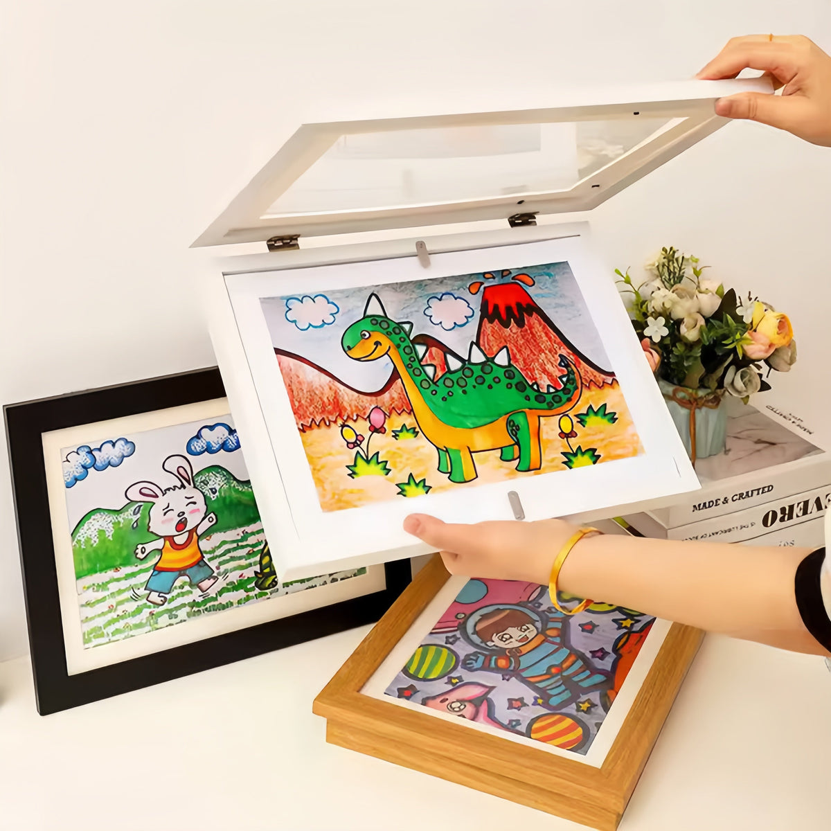 Kids Artwork Display Frame | Hidden Storage for 150 Pieces, Fits A4/US Letter | Magnetic Swap, White/Black/Wood 7