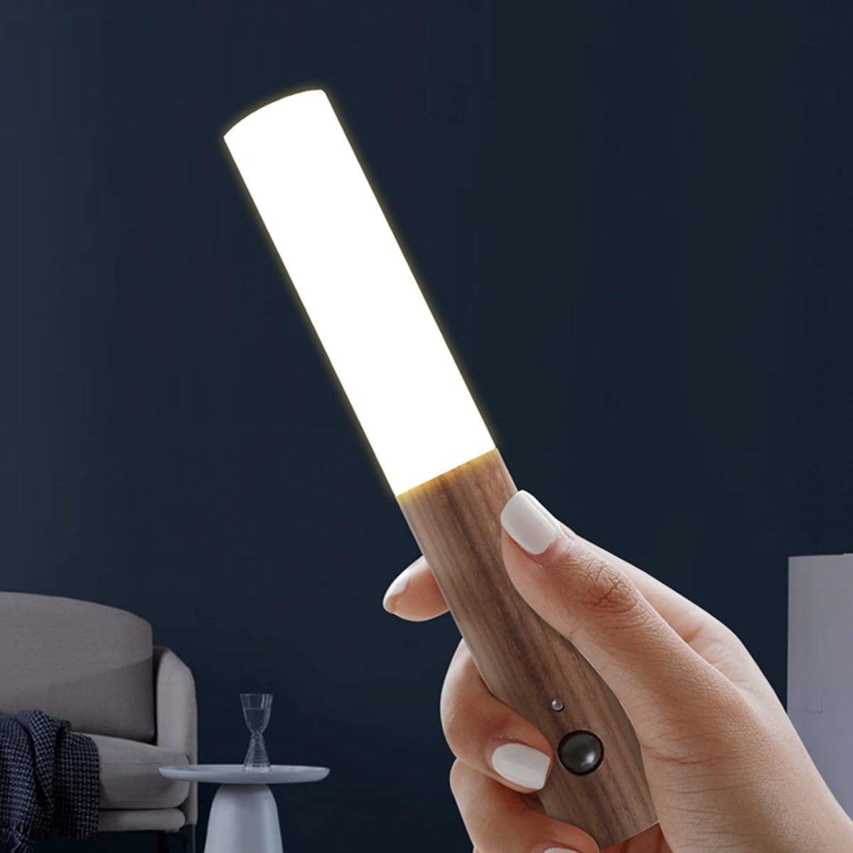 Motion Sensor Torch Lamp Wood & Acrylic 18 cm | Walnut or Ash | Cordless Magnetic Wall Mount, Rechargeable Night Light 9
