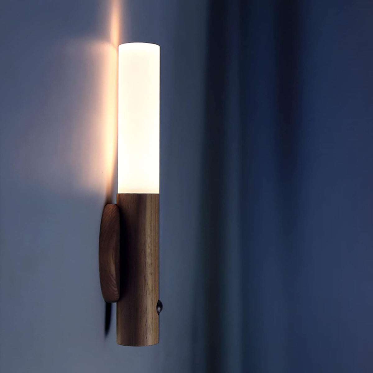 Motion Sensor Torch Lamp Wood & Acrylic 18 cm | Walnut or Ash | Cordless Magnetic Wall Mount, Rechargeable Night Light 1