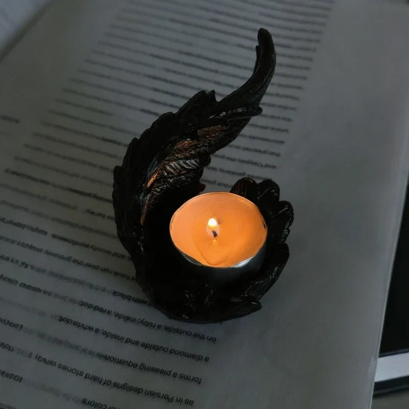 Angel Wing Candle Holder, Resin, 10 x 8 x 6 cm | White or Black | Sculpted Feathers Cast Soft Flickering Light 9