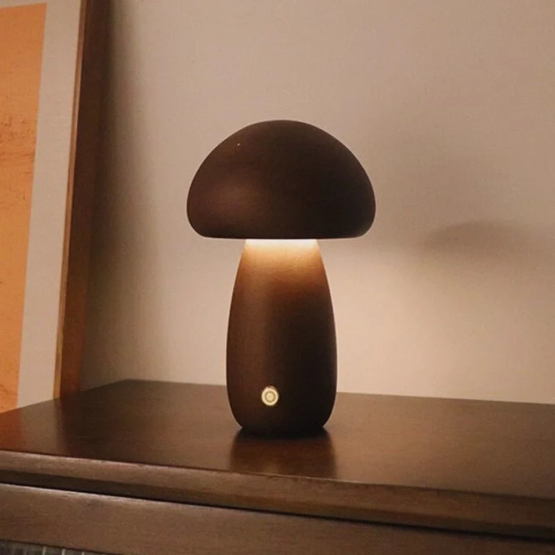 Wooden Mushroom Table Lamp Solid Wood | Cordless Rechargeable Dimmable Nightlight | Up to 10 Hours Warm White Glow 10