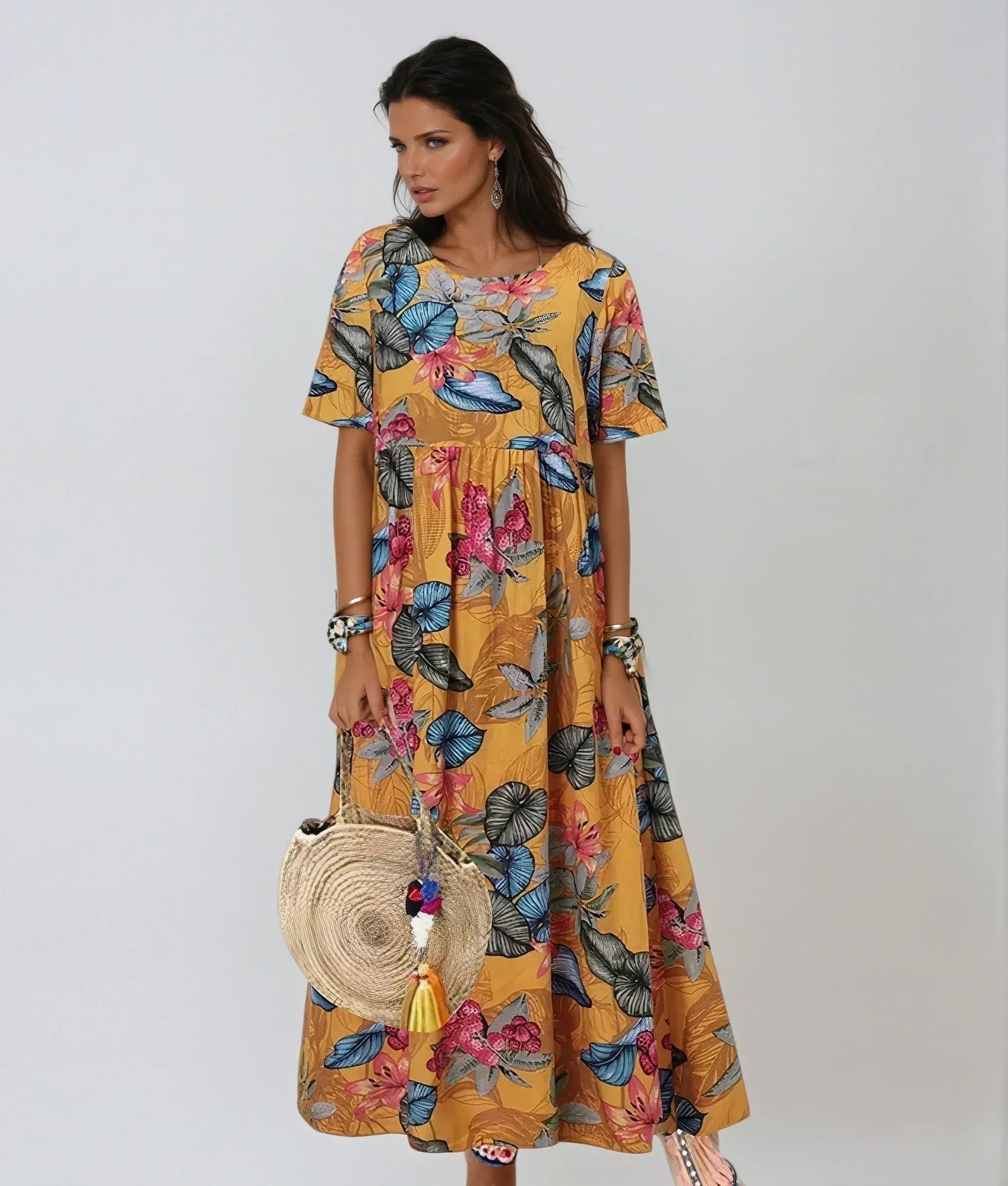 Floral Bliss | Women's Floral Summer Dress with Flutter Sleeves - Midi Length Plus Size Options for Comfortable All-Day Wear 4