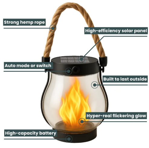 Solar Flame Lantern, Weatherproof Plastic | 25 x 13 cm, 12-Hour Solar Glow | Hemp Rope Wrap, Rain & Wind Resistant 3