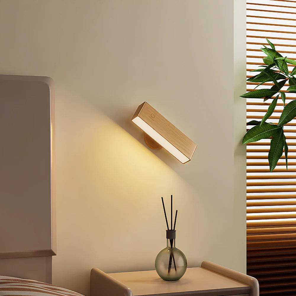 Rotatable Wall Light Wood 12 cm | Rounded or Rectangular, Ash or Walnut | 360° Swivel, Touch Dimmable, Rechargeable 5