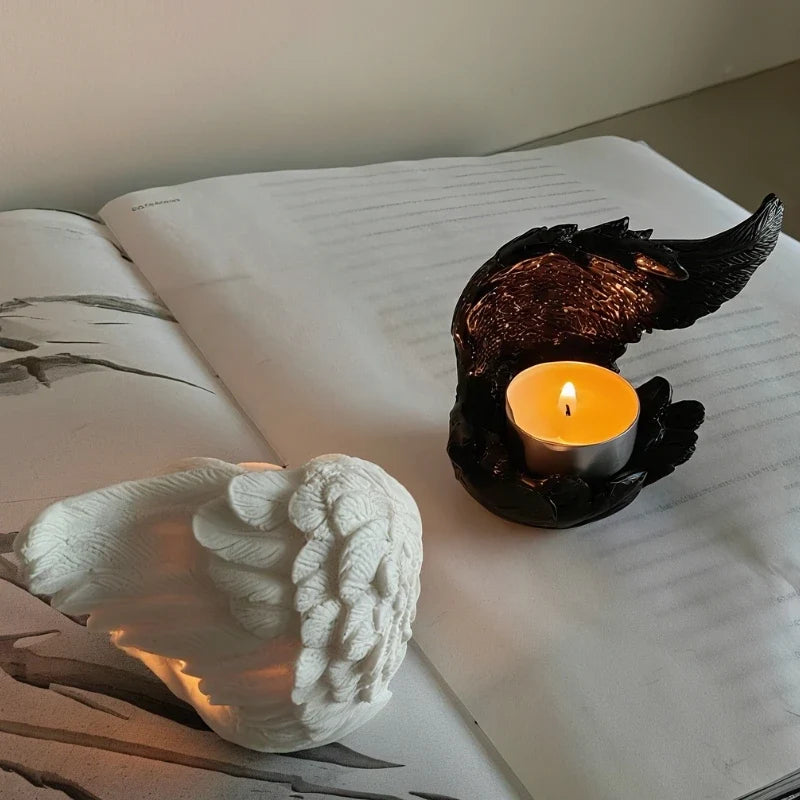 Angel Wing Candle Holder, Resin, 10 x 8 x 6 cm | White or Black | Sculpted Feathers Cast Soft Flickering Light 12