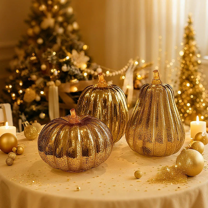 Hand-Blown Glass Pumpkin Lamp Autumn Decor | Built-In 6-Hour Timer Function | Silvered Glass Finish, Battery Powered 16