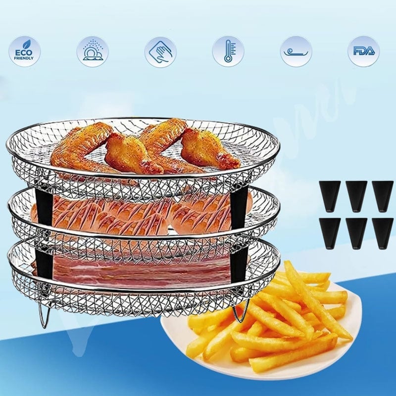 3-Tier Stackable Air Fryer Rack Stainless Steel | Even Air Circulation Grid Design | Cooks Multiple Foods at Once 4