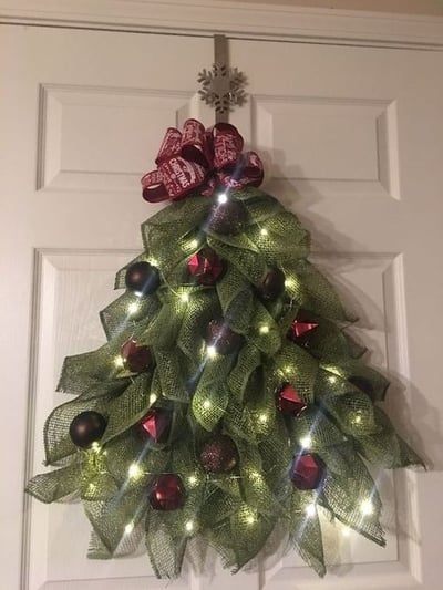 Christmas Tree Door Garland | 40 x 20 cm | Handmade Weatherproof Burlap with Bow, Berries & Warm Light Options 12