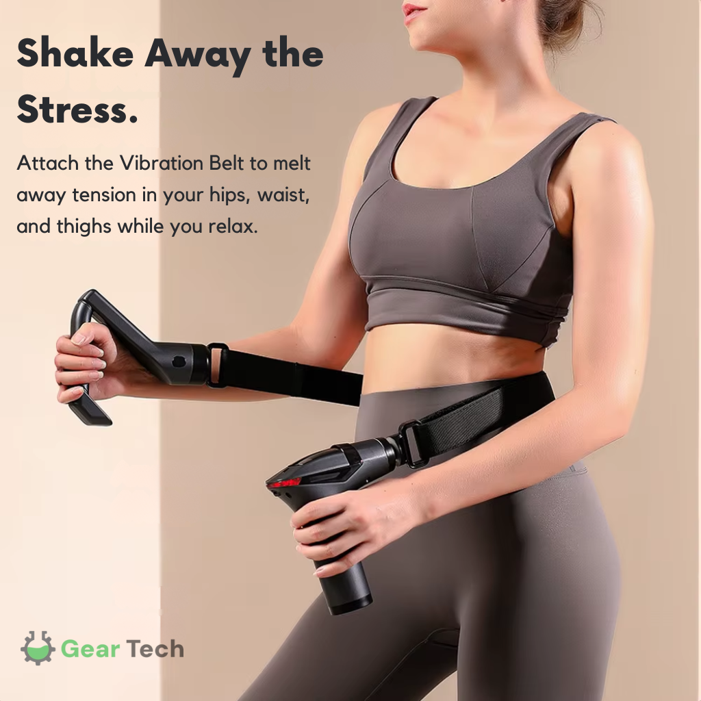 Handheld Massage Gun with Detachable Extension Handle | 8kg Thrust, 12 Speed Percussion | Vibration Belt & 4 Heads Included 8