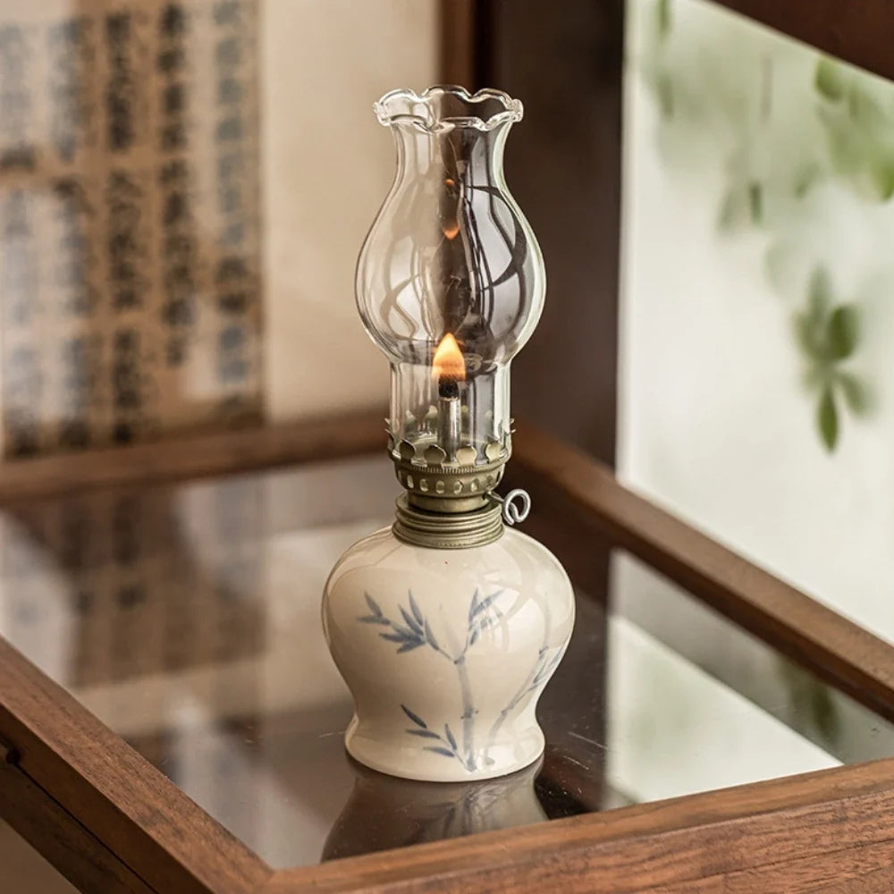 Ceramic Oil Lantern with Glass Shade, 18 cm | Adjustable Wick Flame, Bud or Classic Shape | Windproof Ambient Lighting 1