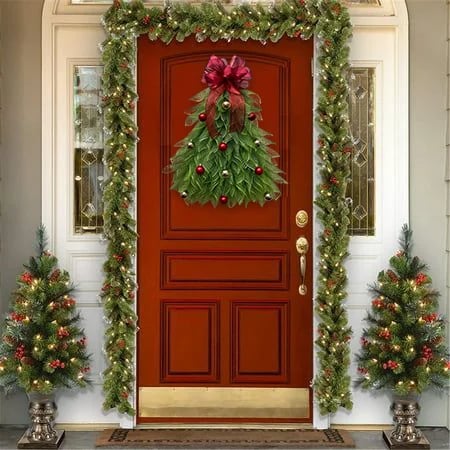 Christmas Tree Door Garland | 40 x 20 cm | Handmade Weatherproof Burlap with Bow, Berries & Warm Light Options 5