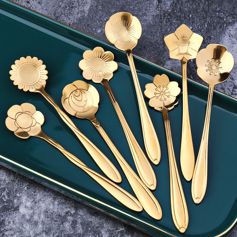 8Pcs Flower Spoon Set Small Coffee Spoon Silver Gold Stainless Steel 1