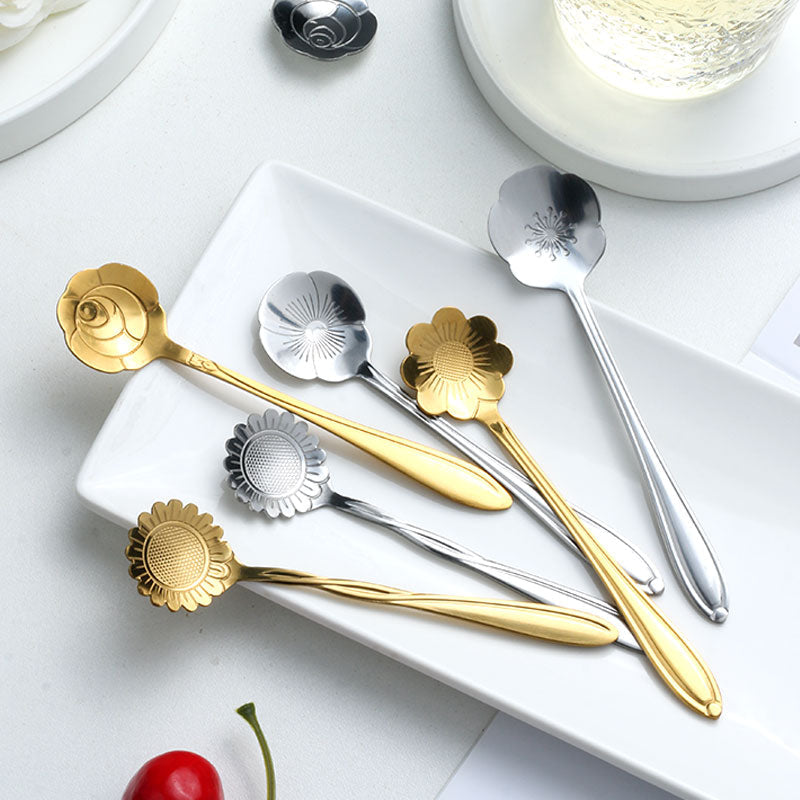 8Pcs Flower Spoon Set Small Coffee Spoon Silver Gold Stainless Steel 4