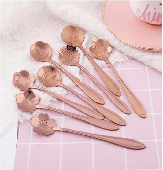 8Pcs Flower Spoon Set Small Coffee Spoon Silver Gold Stainless Steel 8
