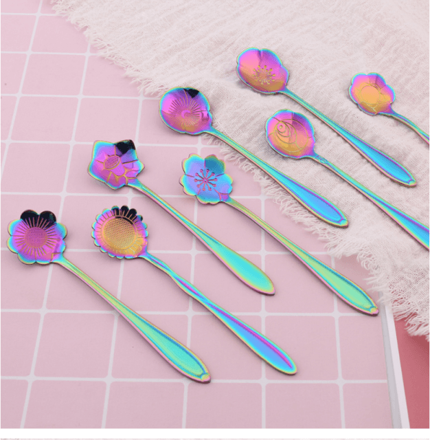 8Pcs Flower Spoon Set Small Coffee Spoon Silver Gold Stainless Steel 9