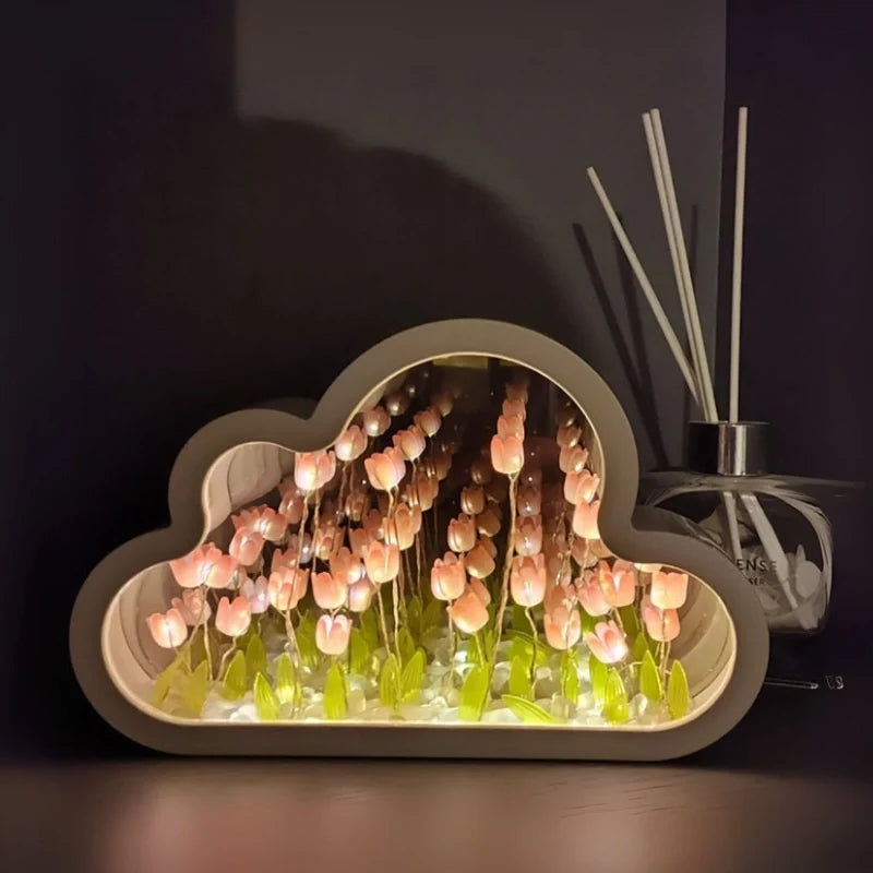 Tulip Cloud Night Light Acrylic | Mirrored Infinity Effect | 20 Warm White Tulips, Cordless, Medium & Large, 50-Hour Battery 6