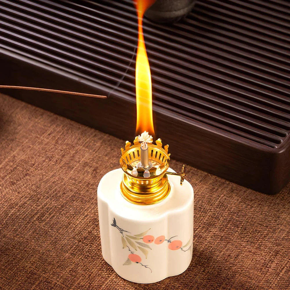 Ceramic Oil Lantern with Glass Shade, 18 cm | Adjustable Wick Flame, Bud or Classic Shape | Windproof Ambient Lighting 21