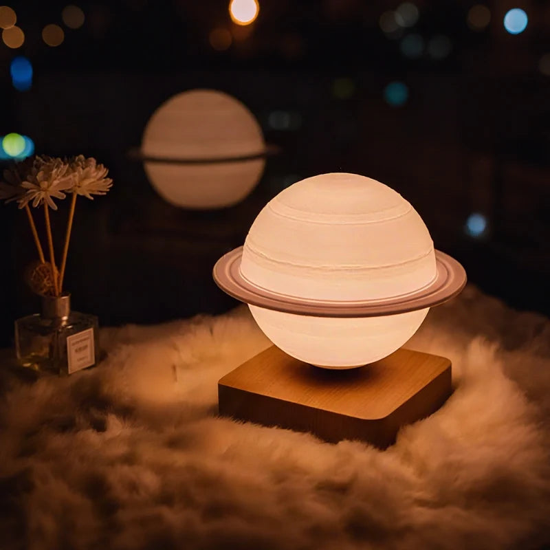 Levitating Planet Lamp, ABS/PLA Globe | Moon or Saturn, Oak/Walnut Base | Magnetic 360° Rotation, 3 Light Colours 3