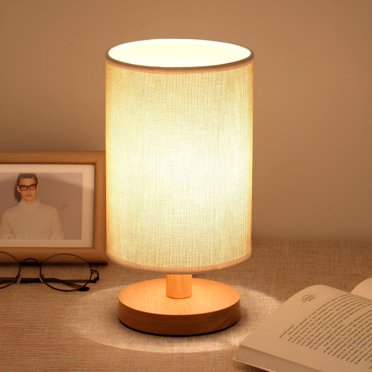 Dimmable Table Lamp with Remote Control, Wood and Cloth | 14 x 28 cm, Plain White or Textured Grey | 3 Light Colours, USB Powered 4