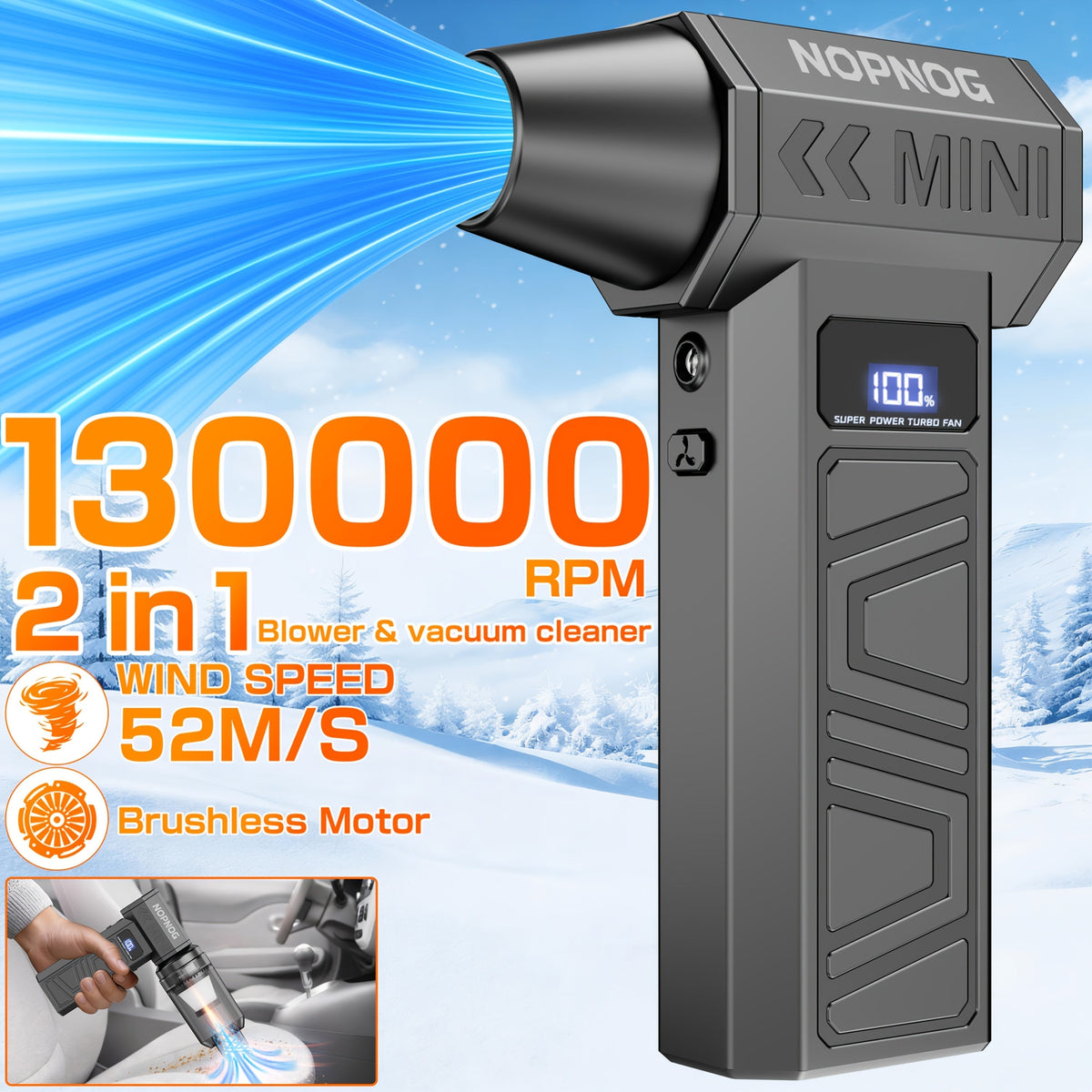 Electric Air Duster & Mini Vacuum Cleaner | 130,000 RPM Brushless Motor | 2x 4000 mAh Battery, USB-C Fast Charging 4