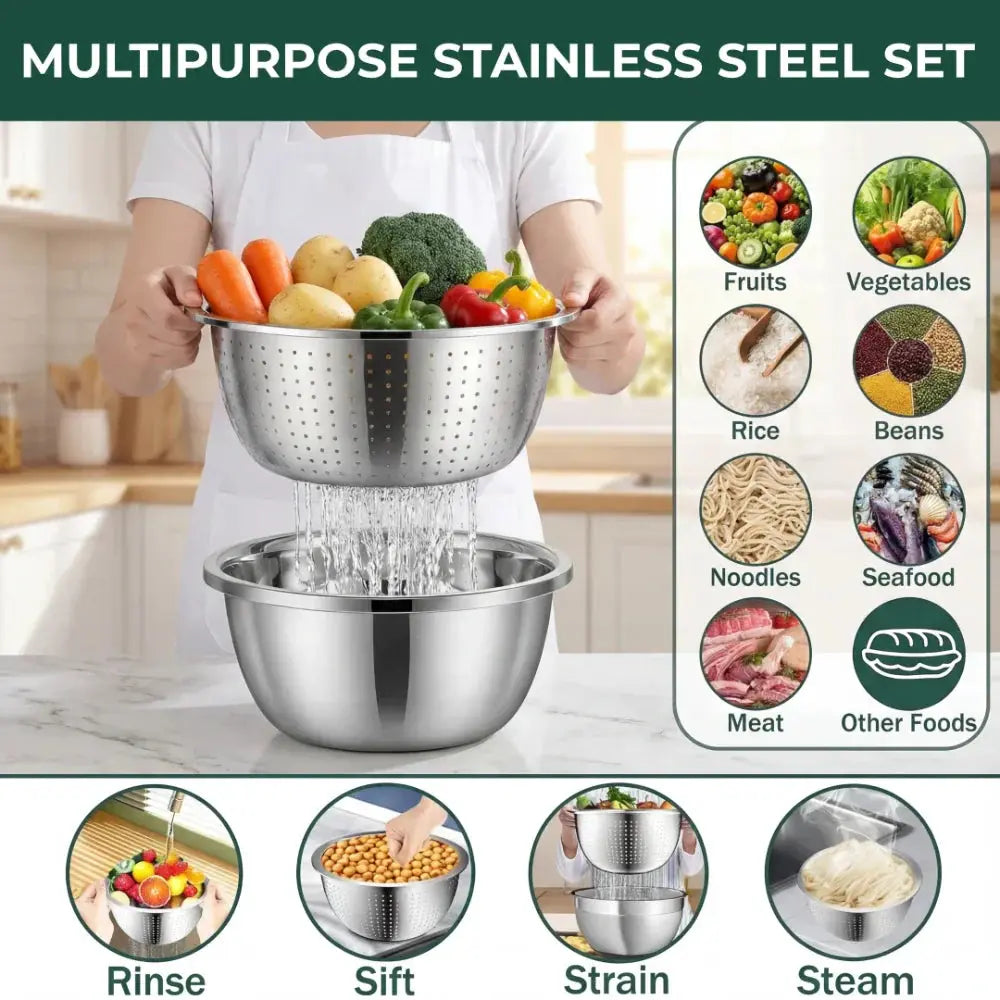 Mixing Bowl Set Stainless Steel | Built-In Sieve Insert and Grater Lid | Stackable, Rust-Resistant, Dishwasher Safe 3