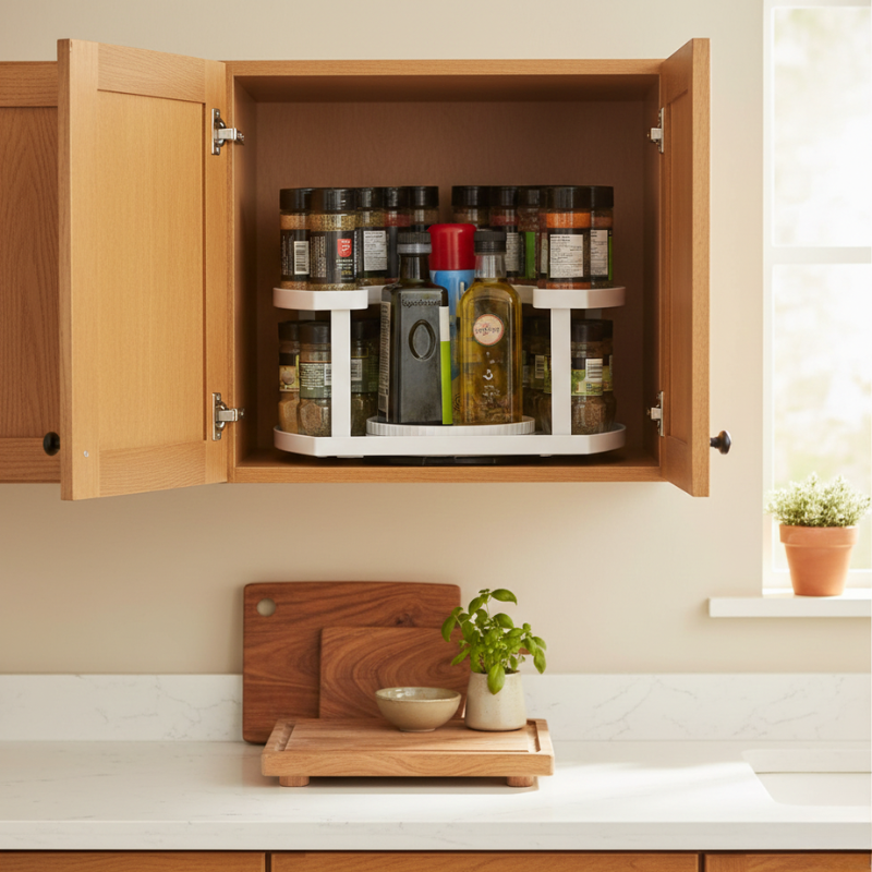 Rotating Spice Rack D-Shaped, 27.4 x 33.8 x 19.1 cm | White or Grey | Dual Rotation, 4-Level Adjustable Height 1