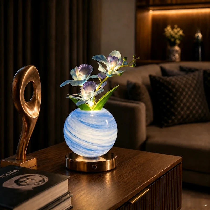 Orchid Vase Lamp, Rechargeable Cordless | Wrought Iron and Glass, 28 x 12 x 12 cm | Azure, Champagne, Blush, Dimmable 8