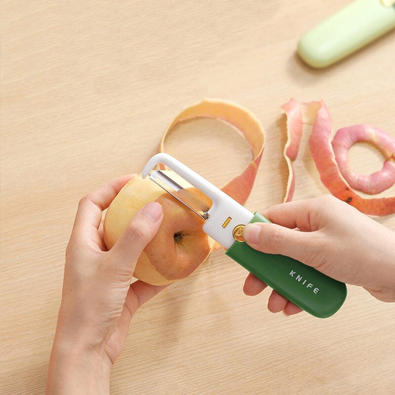 2-in-1 Peeler Cutter Stainless Steel Blade with Protective Sheath | Compact Kitchen Tool | Green, Orange, Grey 8