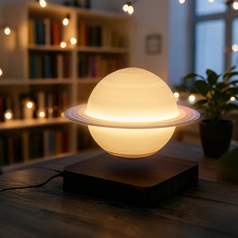 Levitating Planet Lamp, ABS/PLA Globe | Moon or Saturn, Oak/Walnut Base | Magnetic 360° Rotation, 3 Light Colours 9