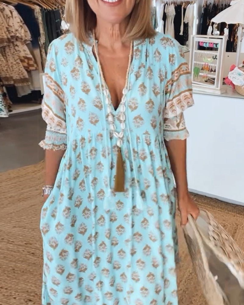 Floral V-Neck Women's Dress | Casual Midi Length in Cotton Blend - Summer Style for Plus Sizes S-3XL 5