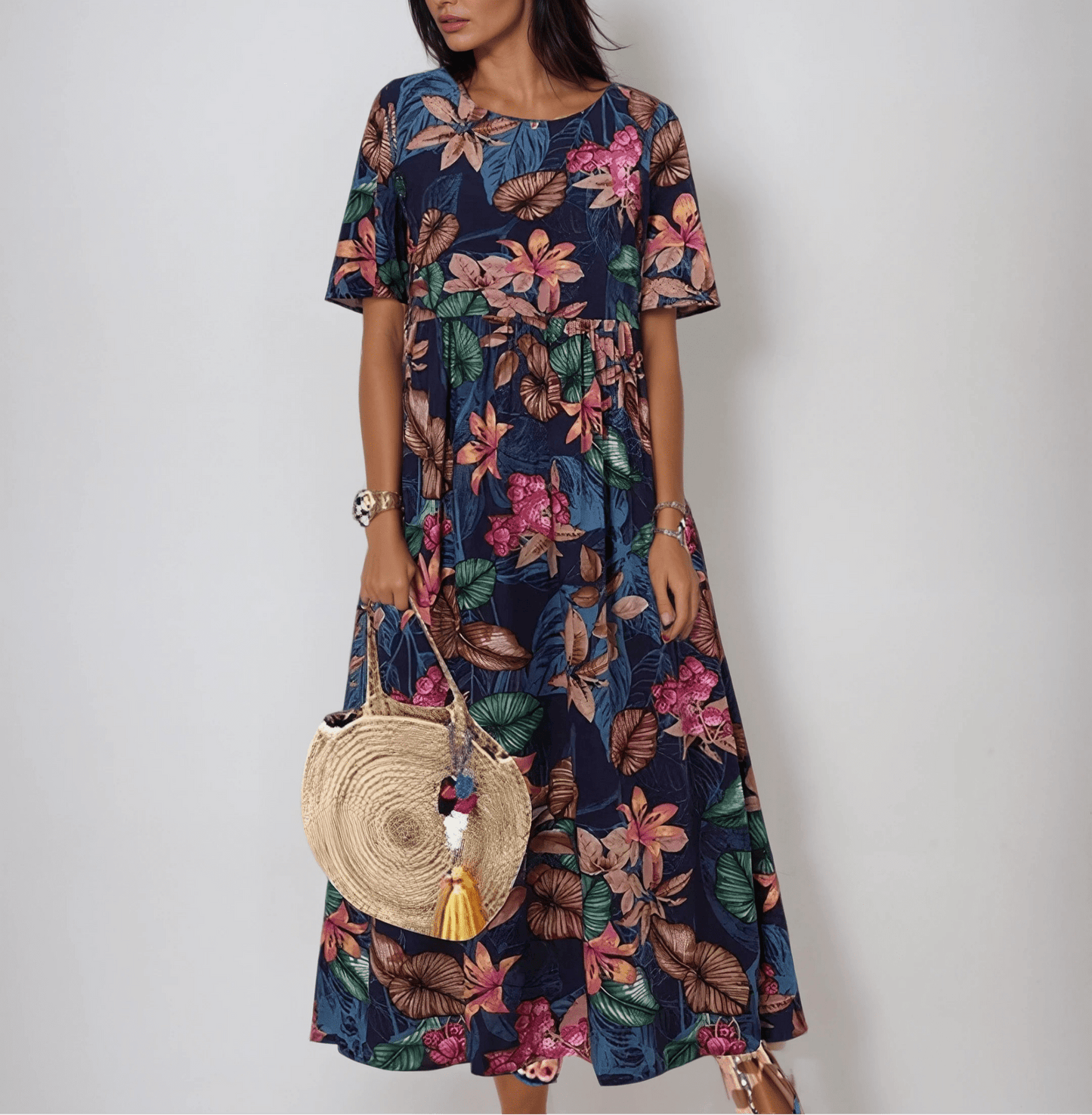 Floral Bliss | Women's Floral Summer Dress with Flutter Sleeves - Midi Length Plus Size Options for Comfortable All-Day Wear 1