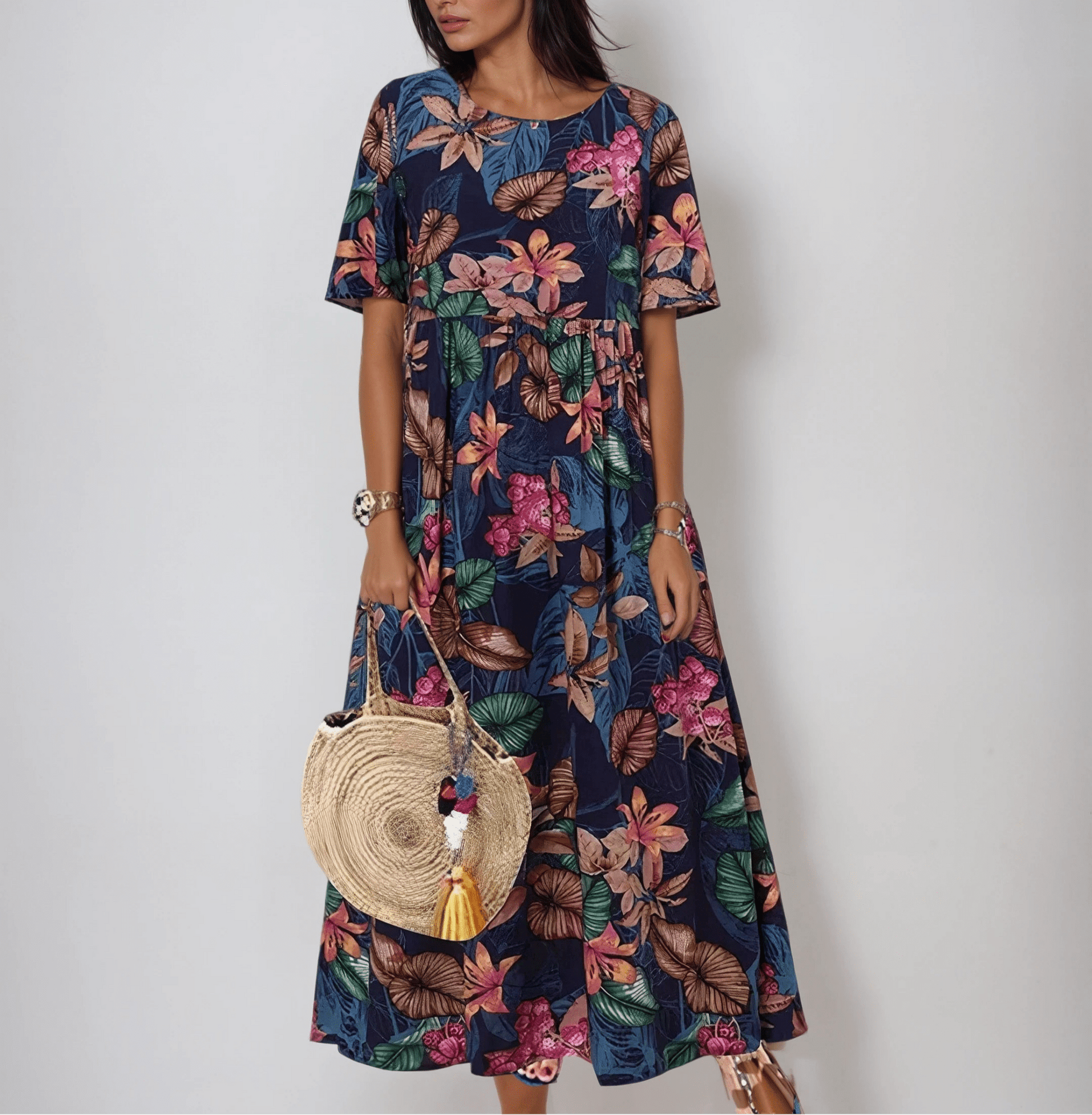 Floral Bliss | Women's Floral Summer Dress with Flutter Sleeves - Midi Length Plus Size Options for Comfortable All-Day Wear 1