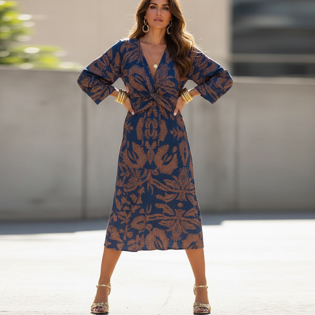 AbstractPrint | Long Sleeve Midi Dress with Twist-Front Design - V-Neck Style