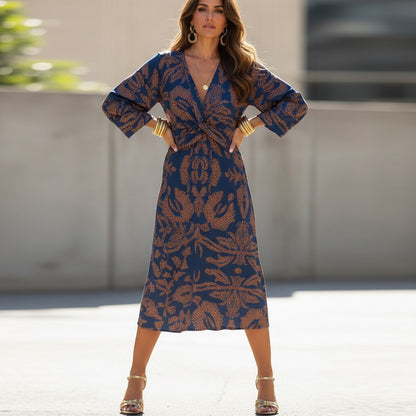 AbstractPrint | Long Sleeve Midi Dress with Twist-Front Design - V-Neck Style