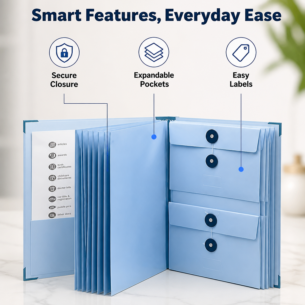 Accordion Document Organiser Acid-Free | 12 Expanding Pockets with Secure Closures | Keeps Papers Protected and Sorted