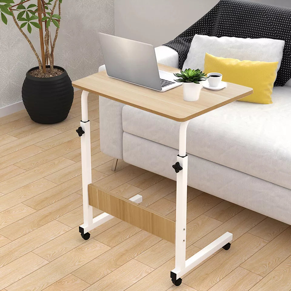 Adjustable Laptop Desk Wooden Surface Metal Frame | Height-Adjustable with Wheels | Ergonomic Use for Home Office, Bed or Sofa