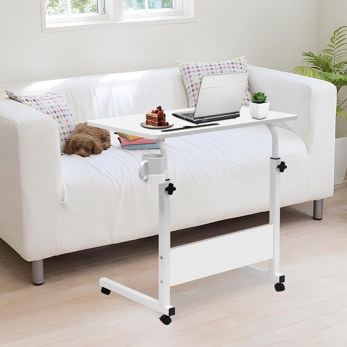 Adjustable Laptop Desk Wooden Surface Metal Frame | Height-Adjustable with Wheels | Ergonomic Use for Home Office, Bed or Sofa