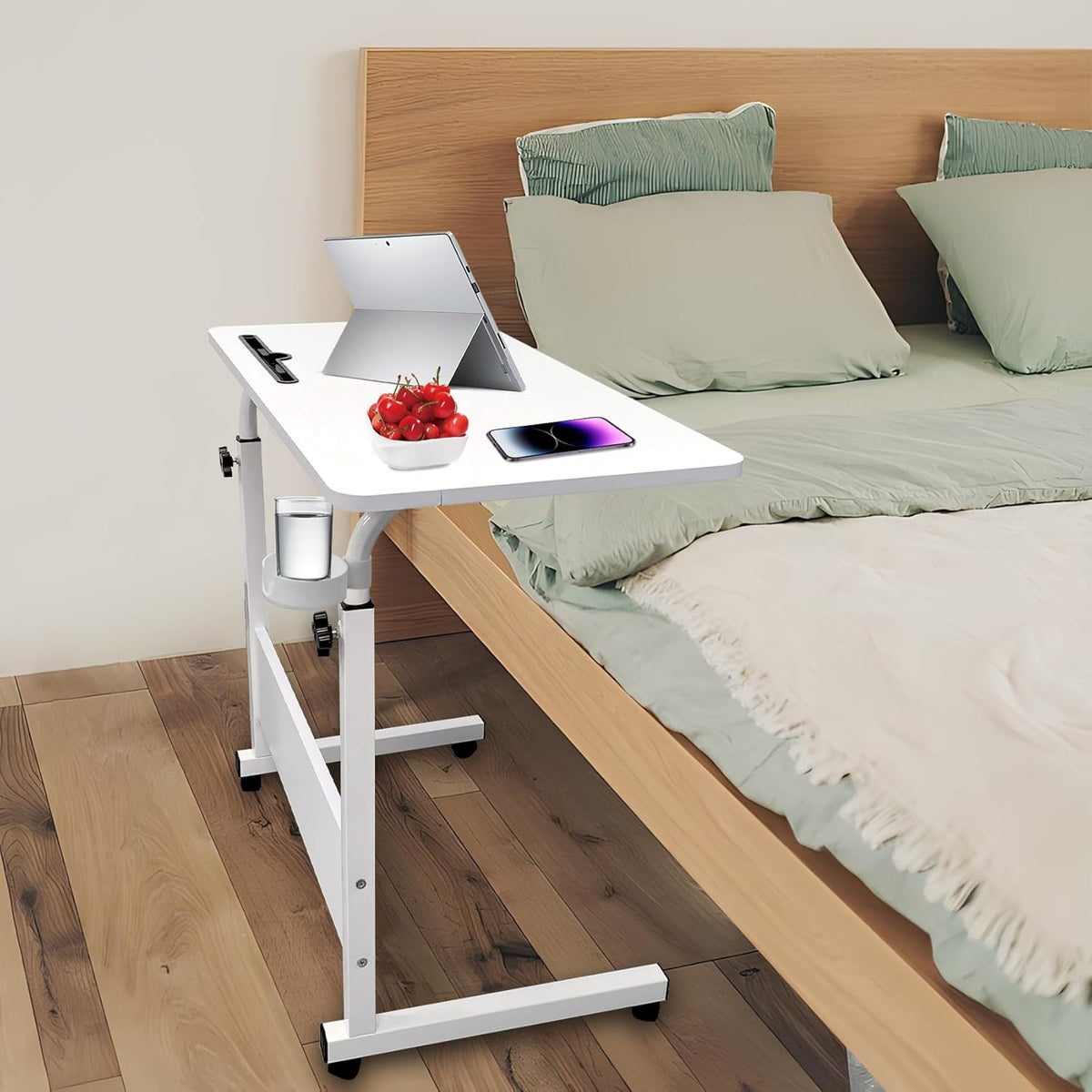 Adjustable Laptop Desk Wooden Surface Metal Frame | Height-Adjustable with Wheels | Ergonomic Use for Home Office, Bed or Sofa